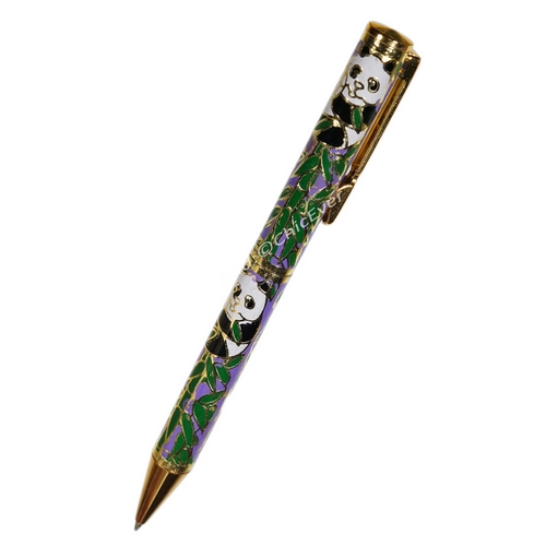 Kugelschreiber Cloisonne Emaille Pandabär & Fussball lila violett grün gold 5399e - zum Schließen ins Bild klicken